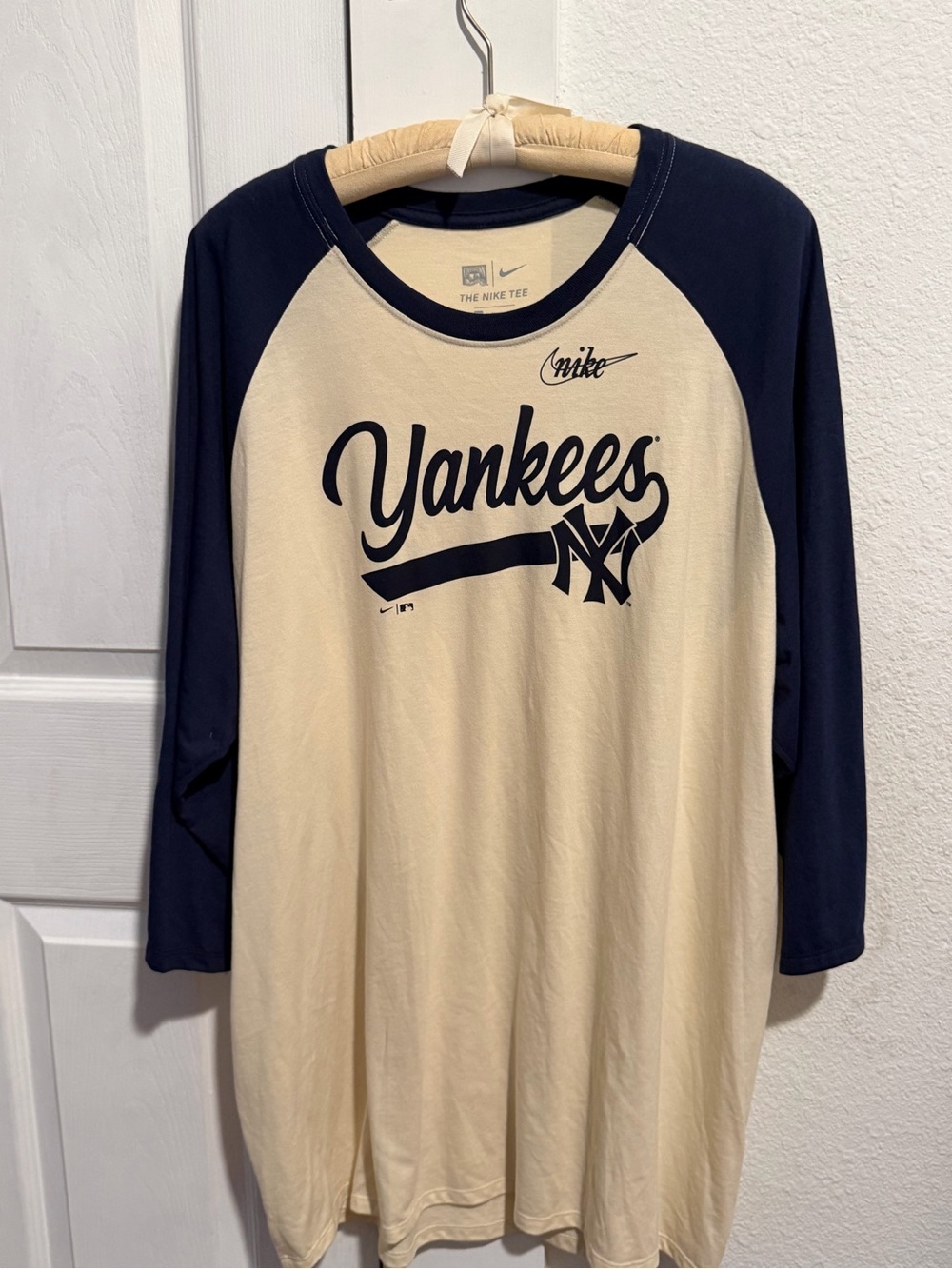 Nike Cream and Navy Raglan Baseball Tee with Swoosh